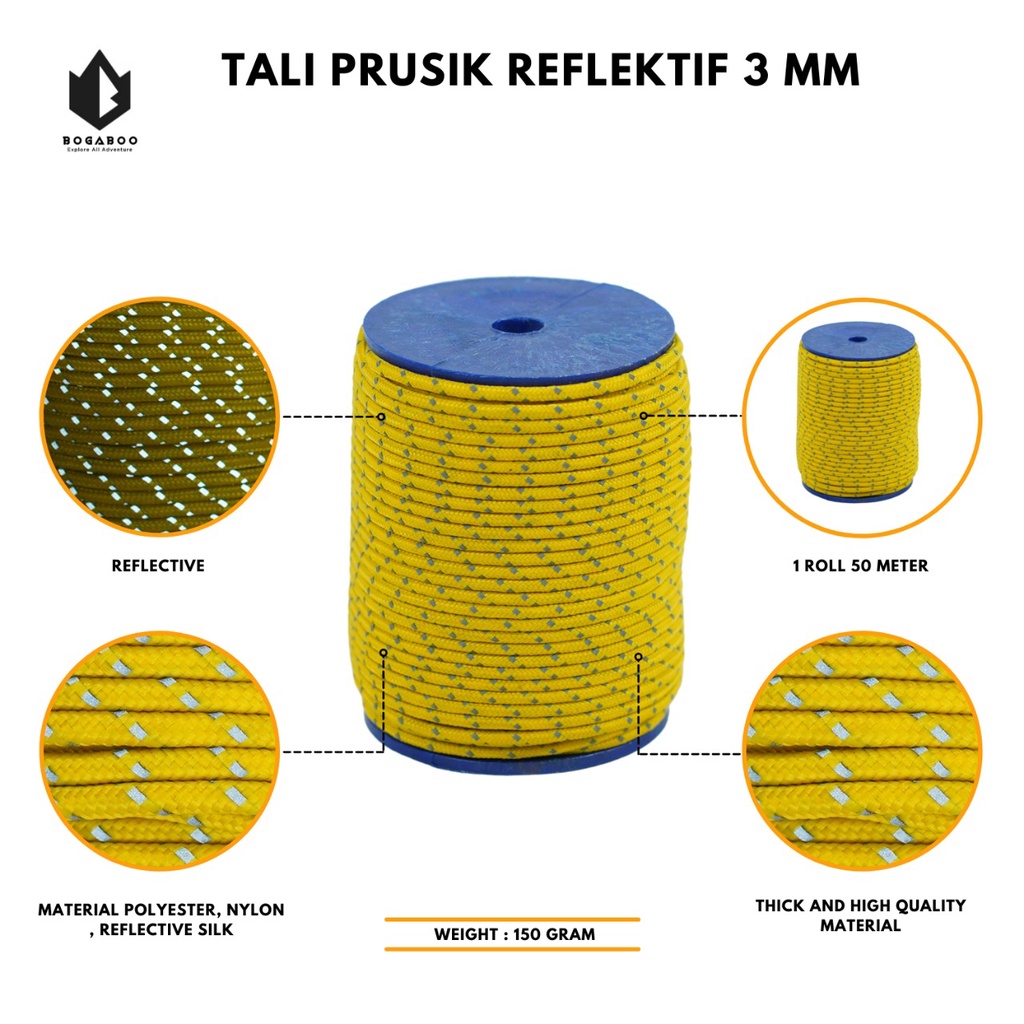 (COD KUY) TALi PERUSIK REFLEKTIF 3 MM - tali prusik reflective - tali perusik nyala - tali tenda outdoor - TALI REFLEKTIF ULTRALIGHT 1 ROLL