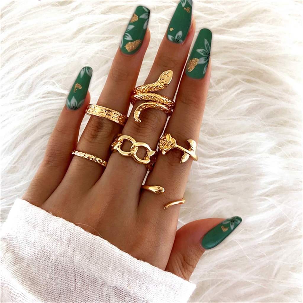 Lily 6pcs /Set Cincin Set Aksesoris Pesta Vintage Rantai Snake Joint Open Knuckle Rings