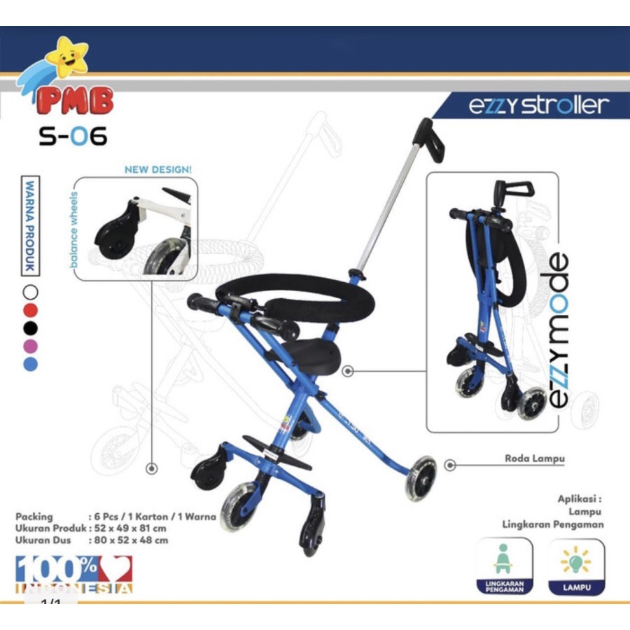 Stroller Anak PMB TOYS S06 Ezzy Kereta Dorong Bayi dan Balita Roda Lima Mode Portable SNI-4