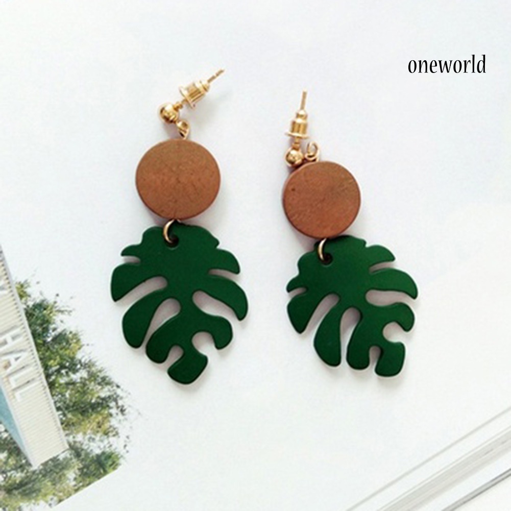 OW@ Bohemian Wooden Monstera Leaf Dangle Women Stud Earrings/Ear Clips Jewelry Gift