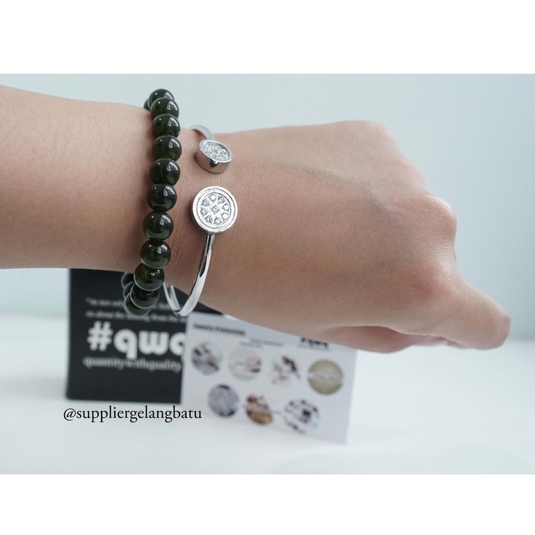 BLACK JADE dan BULAT DUA MATA gelang batu + titanium natural SWAROVSKI