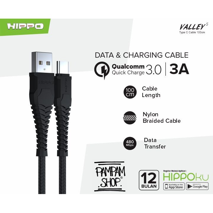 Kabel Data Hippo Valley 5 TYPE C 100 cm 3A Original Fast Charging Quick Charge Ori Tipe C