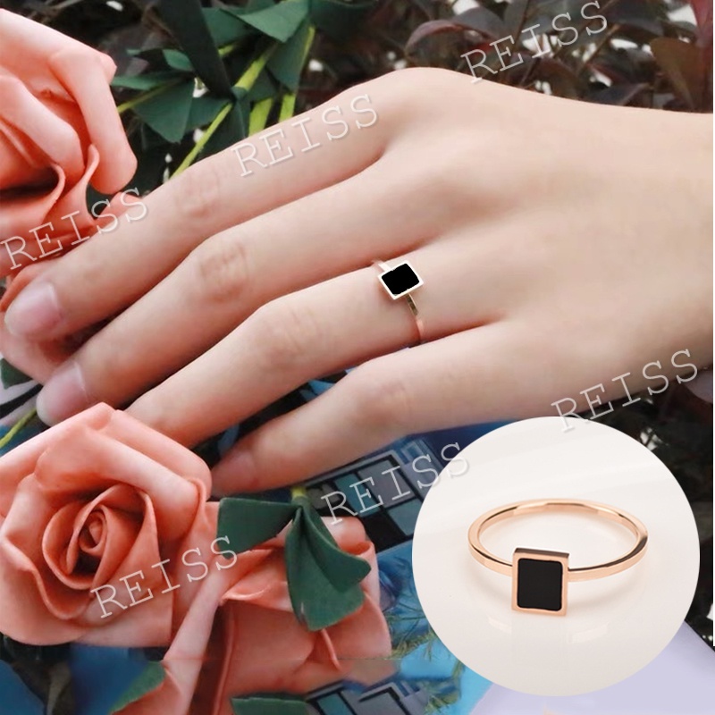 Cincin Titanium Persegi Geometris Klasik Rose Gold Dengan Cincin Jari Indeks Shell Hitam Stainless