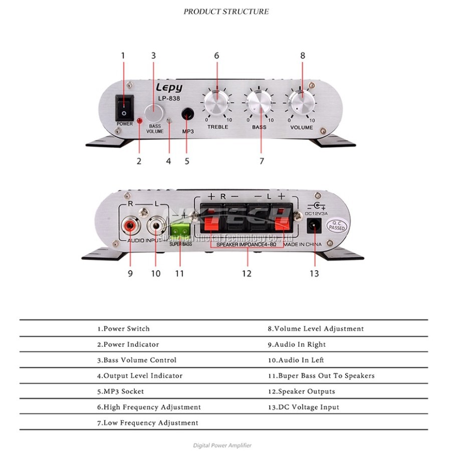 LEPY HiFi Stereo Audio Sound System Power Amplifier Treble Bass LP838