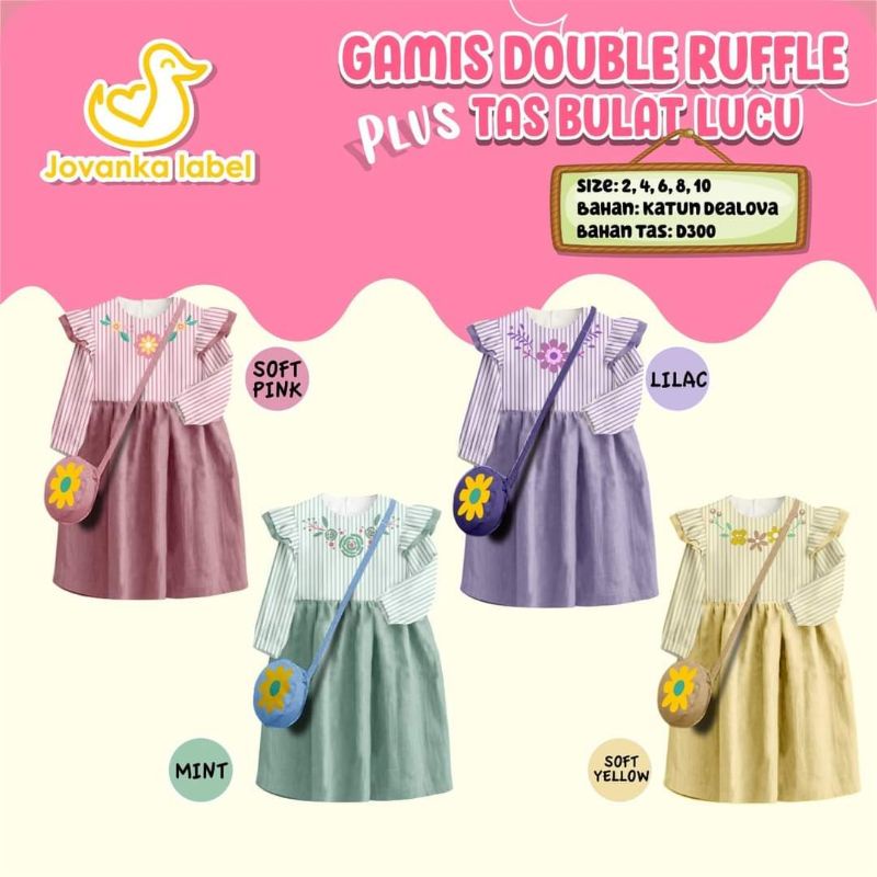 BAJU MUSLIM ANAK PEREMPUAN GAMIS DOUBLE RUFFLE + TAS BULAT LUCU JOVANKA LABEL