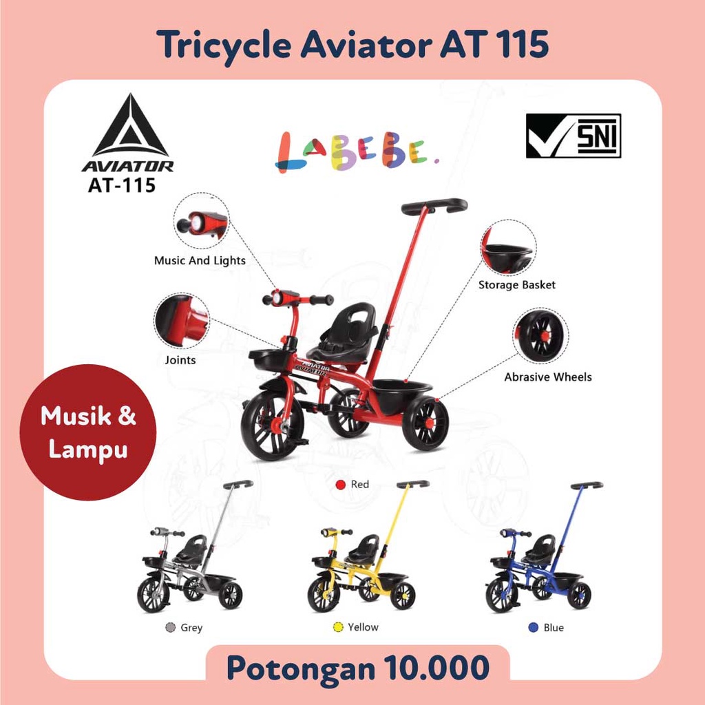 Sepeda Roda Tiga Anak Tricycle Aviator AT 115 Musik dan Lampu