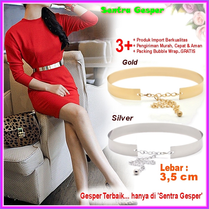 Gesper Cewek Ikat Pinggang Tali Plat GOLD Fashion Wanita Sabuk Obi Belt Besi Emas Ring Rantai Kekini