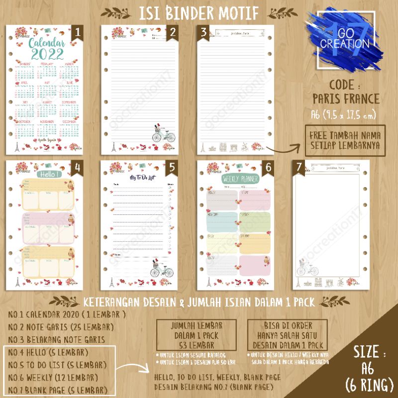 

Buku Planner isi Kertas Binder Motif Paris France 01 Premium A6 ring 6