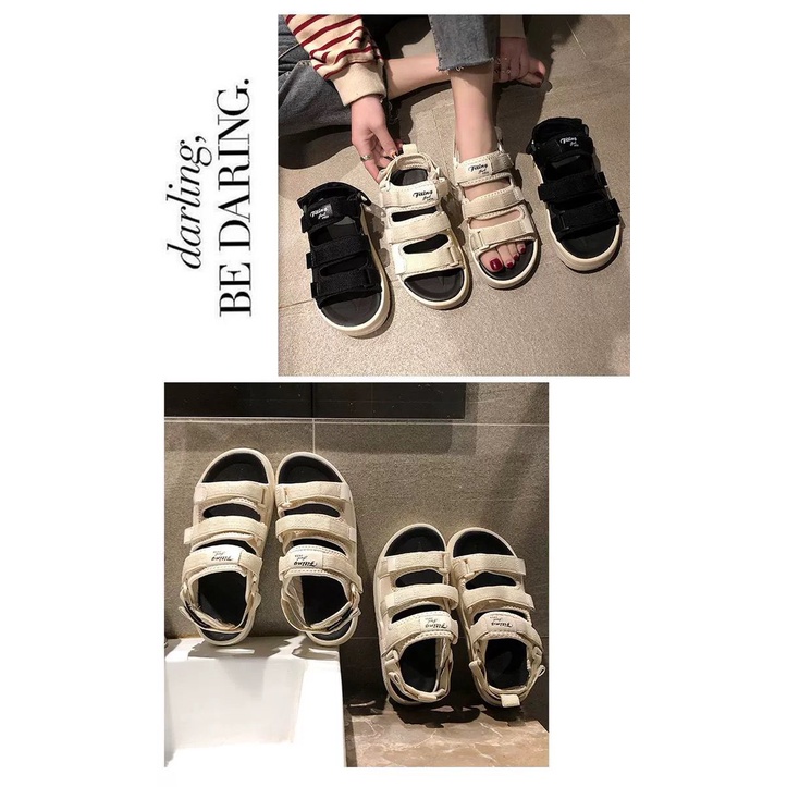 [littlecrab] Sandal Gunung Hitam Putih Cream Sandal Wanita Berkualitas Hak Tinggi Sandal Tali Tiga Selop Kasual Kekinian Triple Strap Korean Style