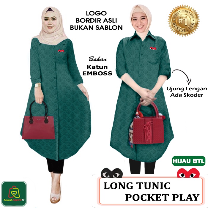 Baju Atasan Tunik LONG TUNIC PLAY POCKET JUMBO Wanita Muslim Bahan Katun Emboss Premium Size XL-XXL / 17656 17659