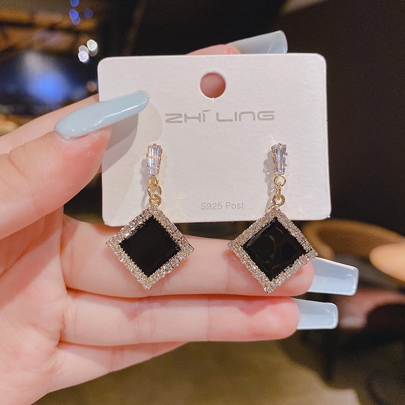 s925Sterling Silver Jarum Square Full Berlian Imitasi Zirkon Anting-Anting Wanita Korea Fashion Ornamen-2