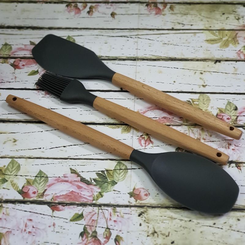 silicone cooking utensil spatula set 3pcs with wooded handle