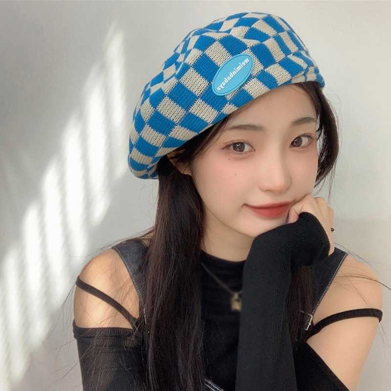 Topi Baret Rajut Motif Kotak-Kotak Gaya Korea Untuk Wanita