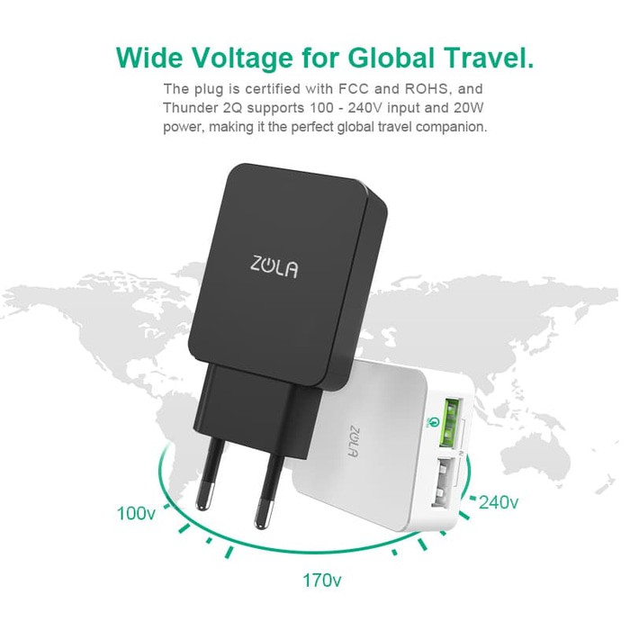 Zola Thunder 2Q Qualcomm Quick Charge 3.0 Usb Charger 2 Output - Black Top Quality