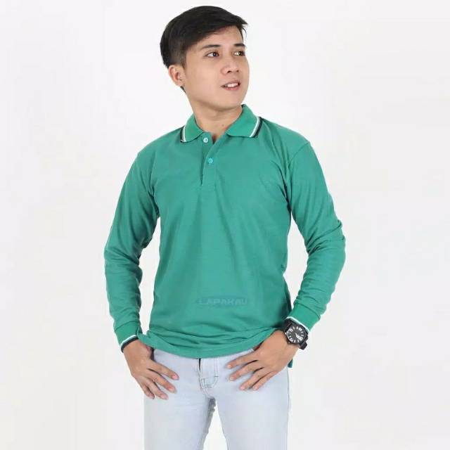 Kaos polo berkerah polos lengan panjang pakai lis pria dan wanita warna HIJAU TOSCA kaos kerah polos