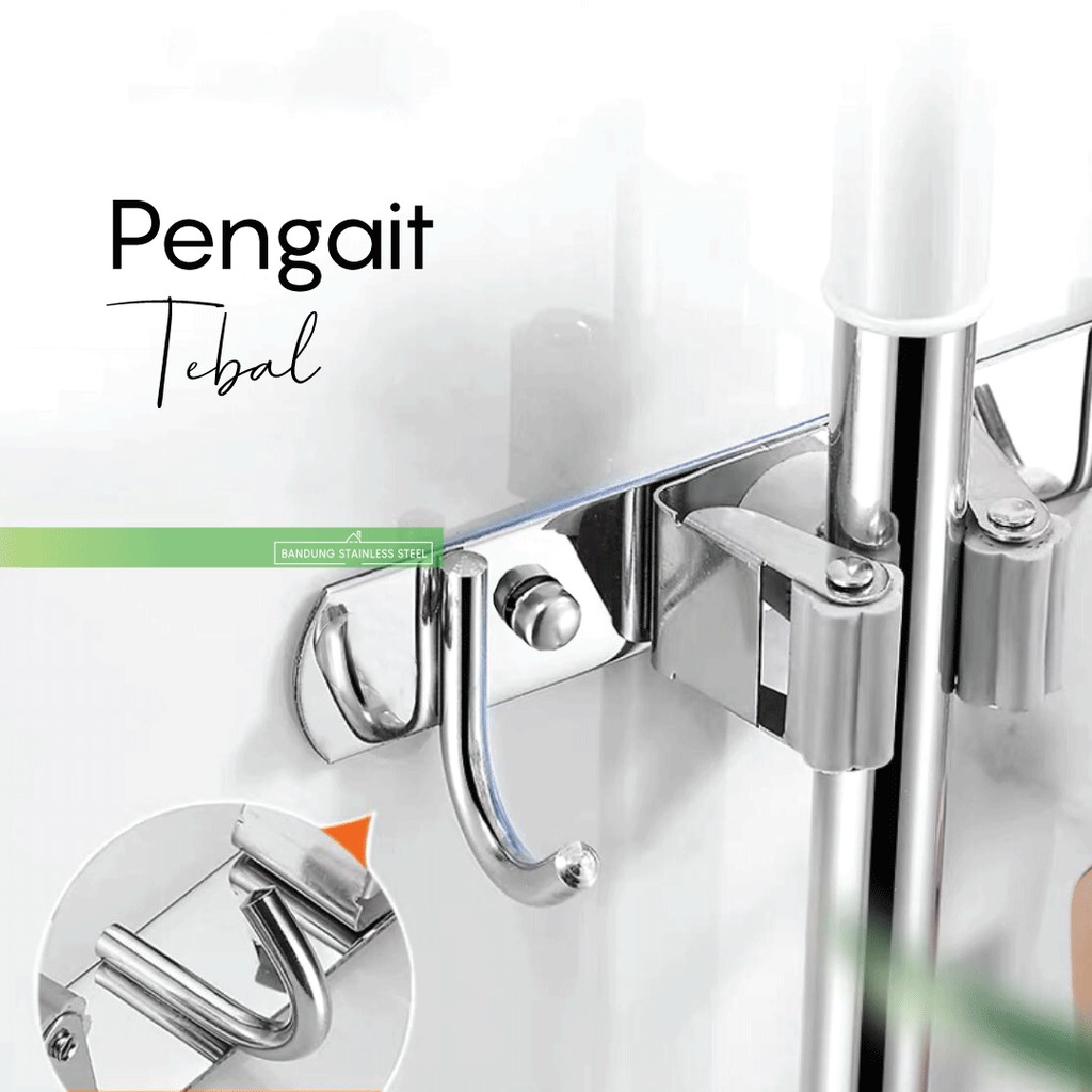 Hanger Kapstok dengan jepit Mop sapu serbaguna Stainless  5 Kait 4 penjepit gantungan Pel Sikat