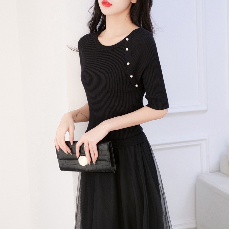 【Elegant】 Korean Solid Hem stitching Gauze Premium Knit Dress  7367