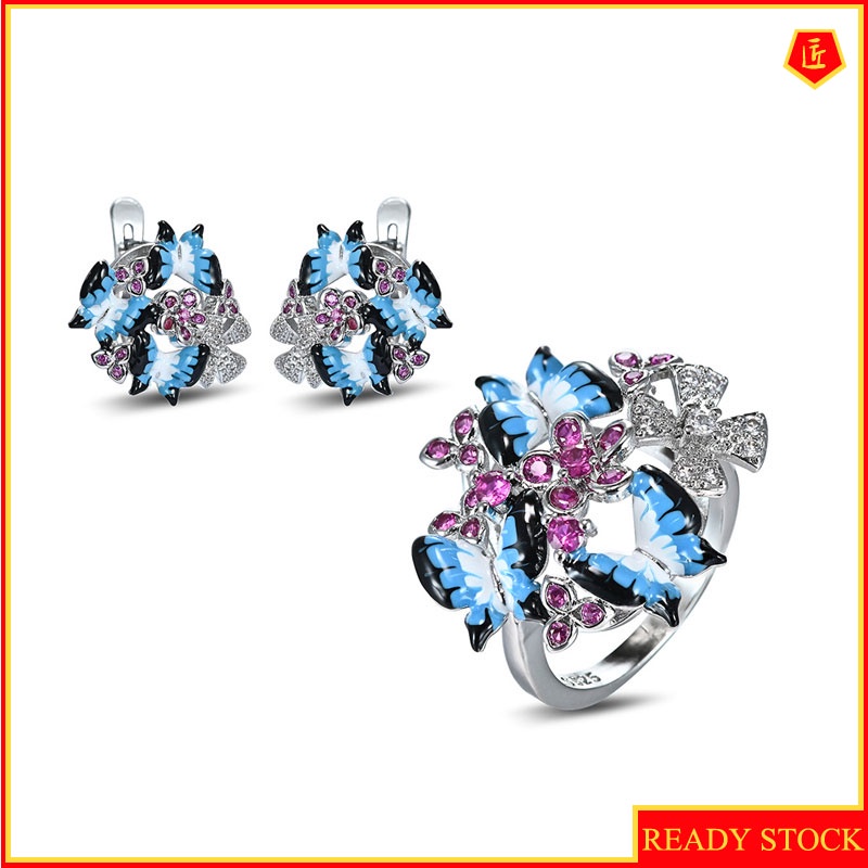 [Ready Stock]Three Butterfly Micro-Inlaid Gemstone Enamel Ring