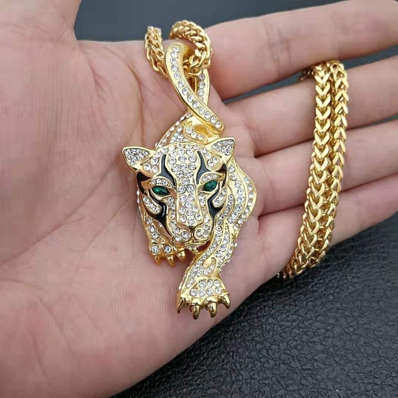 Mewah Pria 18K Emas Tergabung Austria berlian imitasi Emerald Tiger Pendant Necklace