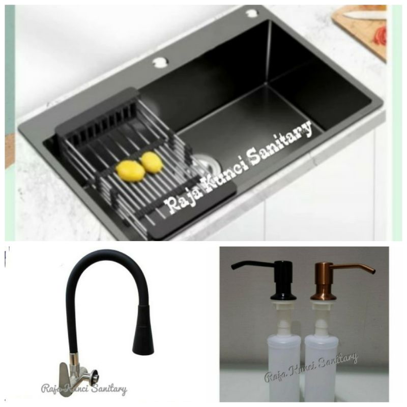 Paket Kitchen Sink 8050 Black+Kran Tembok/Dinding+Tempat Sabun Hitam/Black
