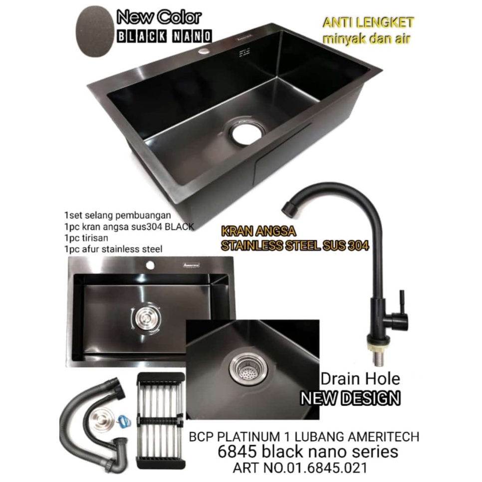 Kitchen Sink / BCP Single Black Nano Stainless Ameritech- MEDAN - 68 X 45