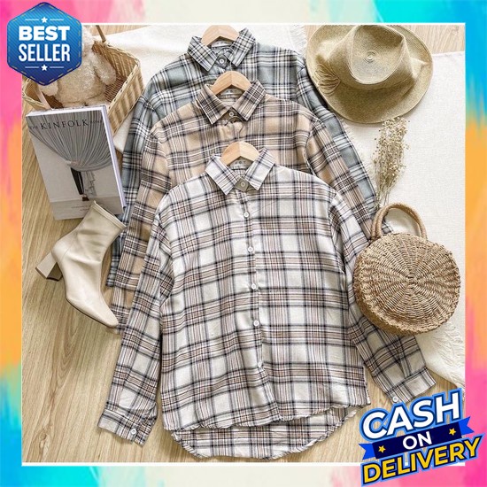 Kemeja Jumbo Wanita Cewek Korea Oversize Kekinian  Casual Hem Besar Big Size Gfs Meryyl Flanel Shirt