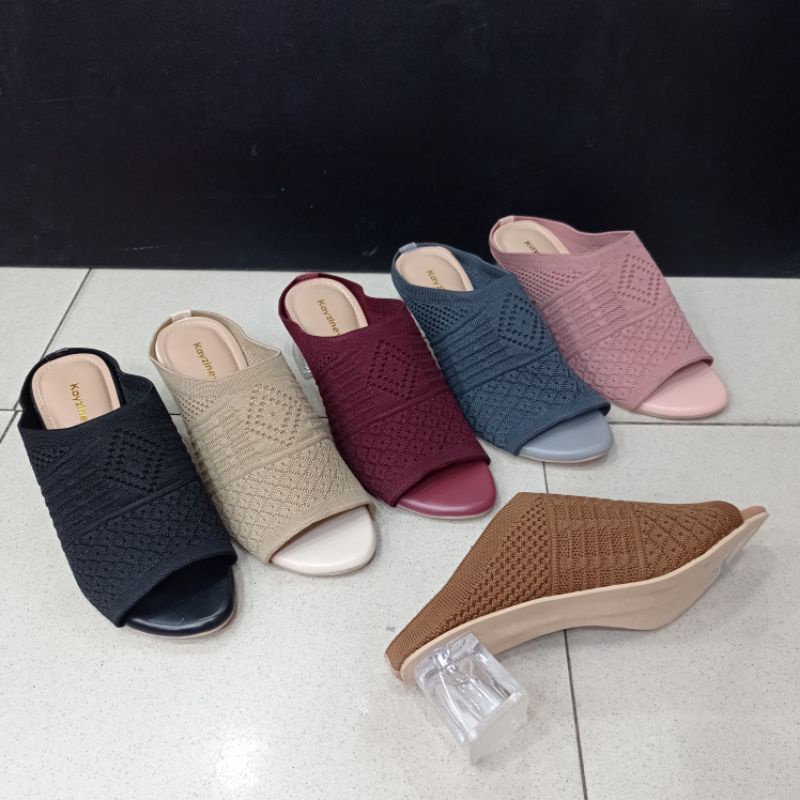 Sepatu wanita heels hak kotak tahu rajut hak 5 cm