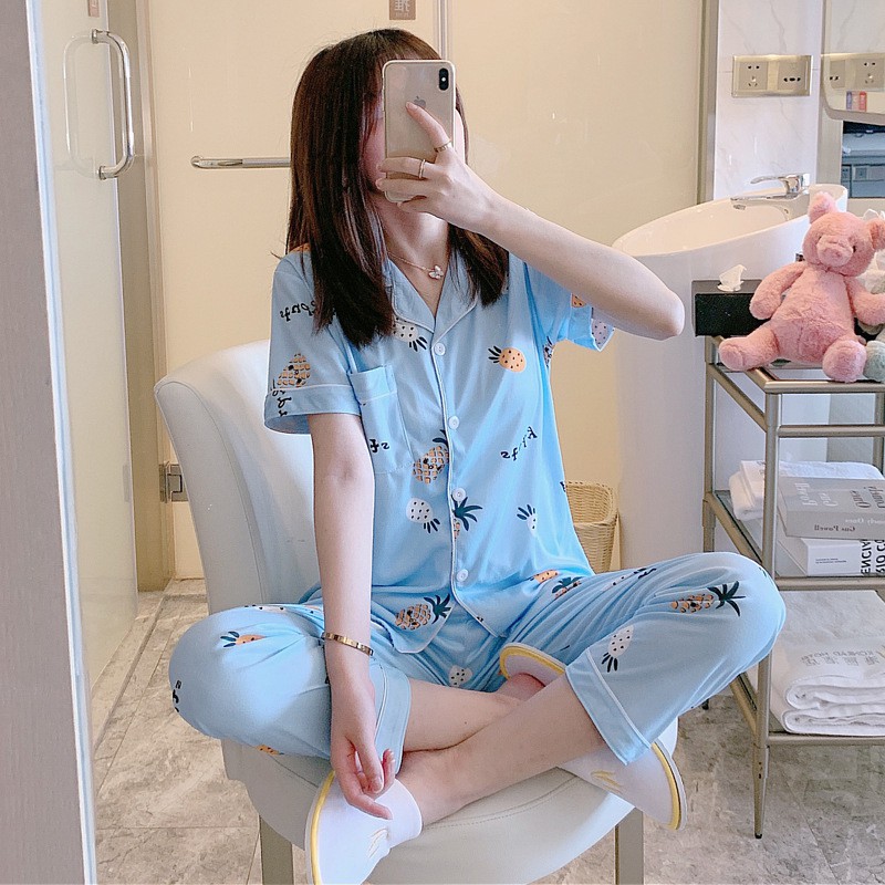 BAJU TIDUR PIYAMA SET KEMEJA CP LENGAN PENDEK CELANA PANJANG IMPORT PREMIUM BANYAK MOTIF-Blue Pineapple