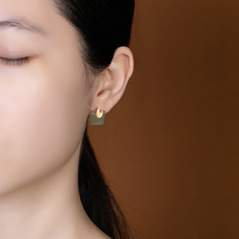 Anting Stud Giok Hetian Natural Gaya Court Untuk Wanita