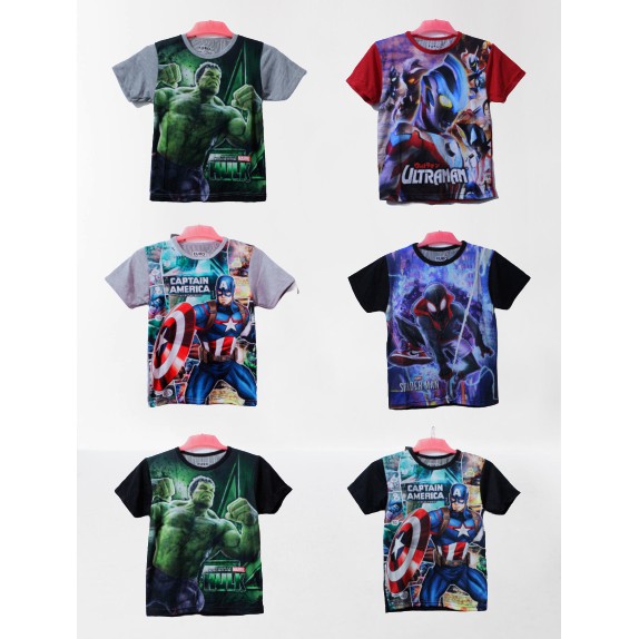 kaos anak karakter superhero hulk/spiderman/capt america/ultraman/baju amogn us