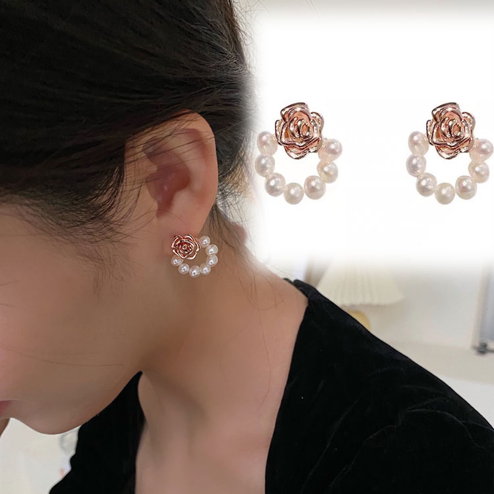 Anting Tusuk Motif Bunga Hias Mutiara Imitasi Ala Vintage Untuk Wanita