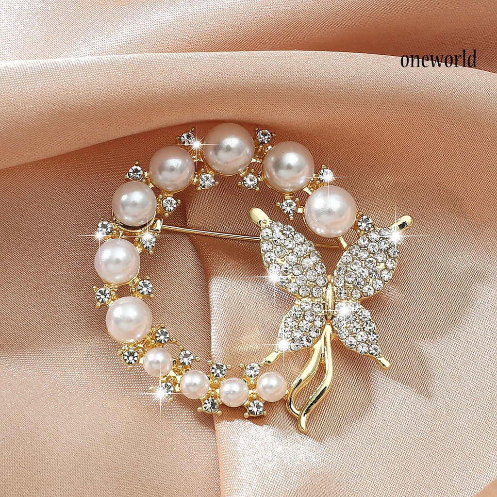 OW@ Brooch Round Hollow Out Luxury Round Faux Pearl Rhinestone Women Brooch for Dating