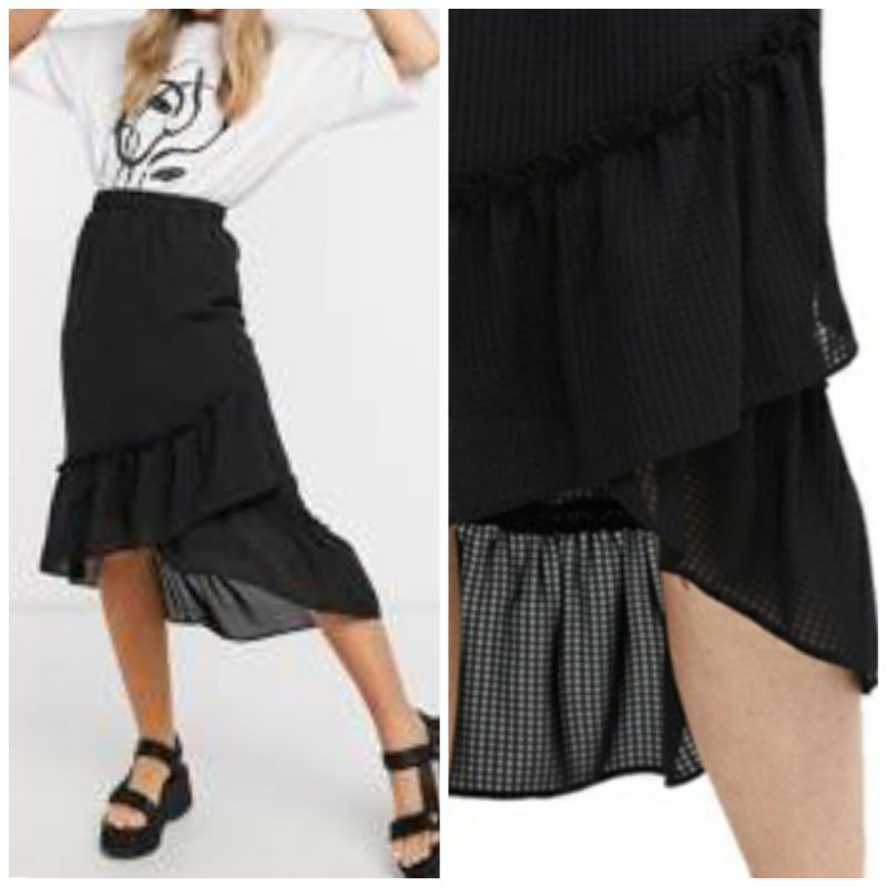 Minioutlet Monki black faux wrap midi skirt rok midi hitam