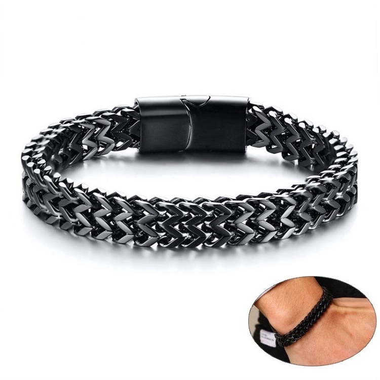 Gelang Tangan Strap Rantai Ganda Bahan Stainless Steel Warna Hitam / Silver Ukuran 8.5mm untuk Pria