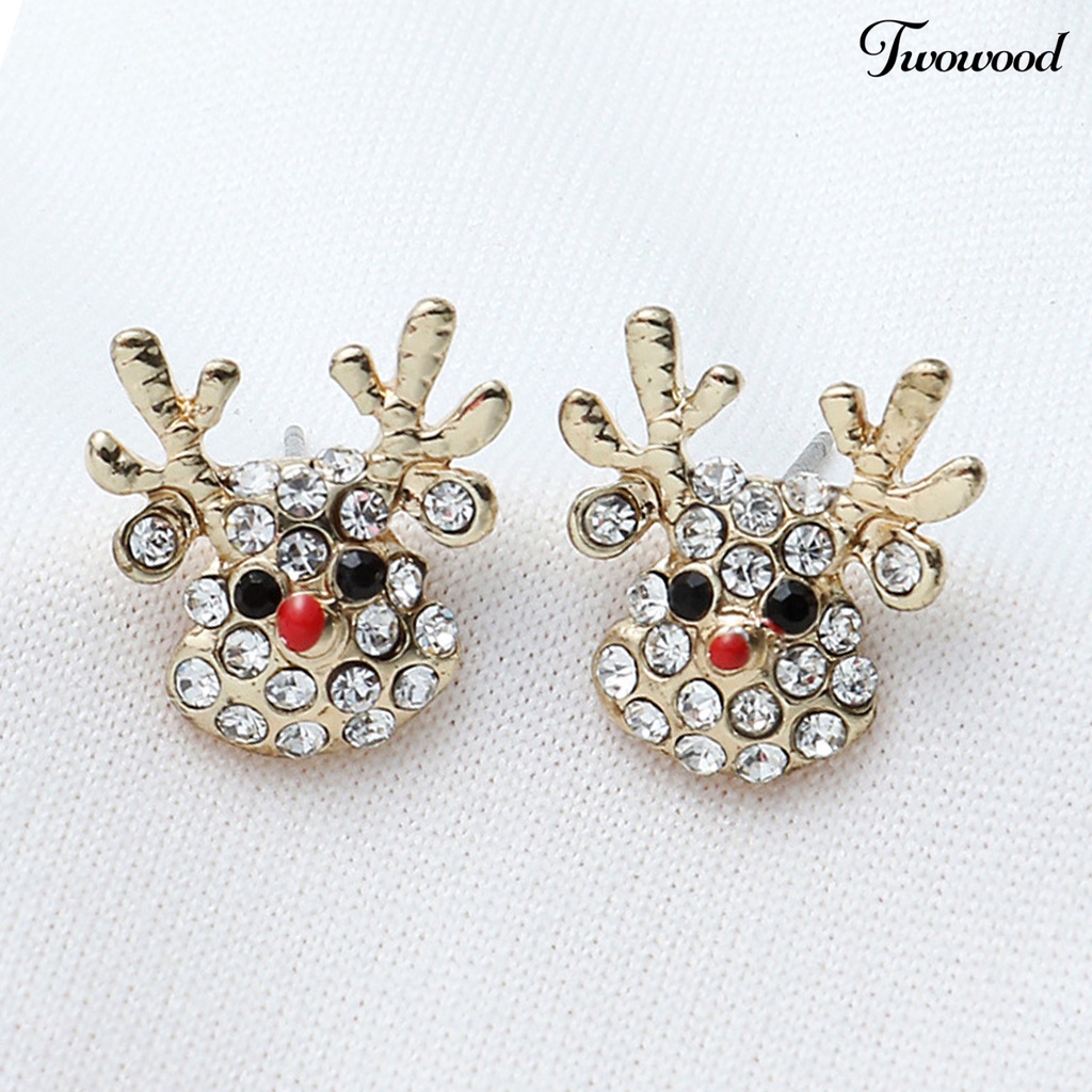 1 Pasang Anting Kait Bentuk Topi Natal Rusa Aksen Berlian Imitasi Bahan Alloy Untuk Wanita