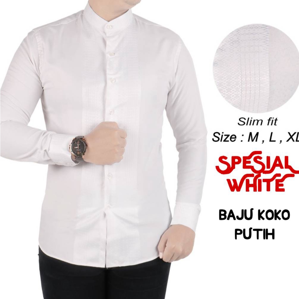 Baju Koko Muslim Pria | Kemeja Koko Pria SlimFit | Koko Dewasa Lengan Panjang Putih Premium Mutiara 2