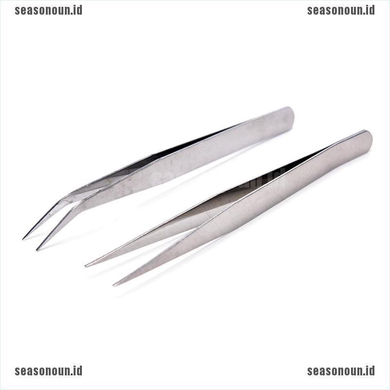 (Sea) 2pcs Pinset Stainless Steel Ujung Lurus/Siku Untuk Mengambil Bulu Mata Palsu