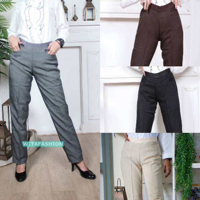 Celana Bahan Panjang Wanita Pinggang Karet Kerja Cewek Kantor Katun Kain Formal Slimfit Witafashion Shopee Indonesia