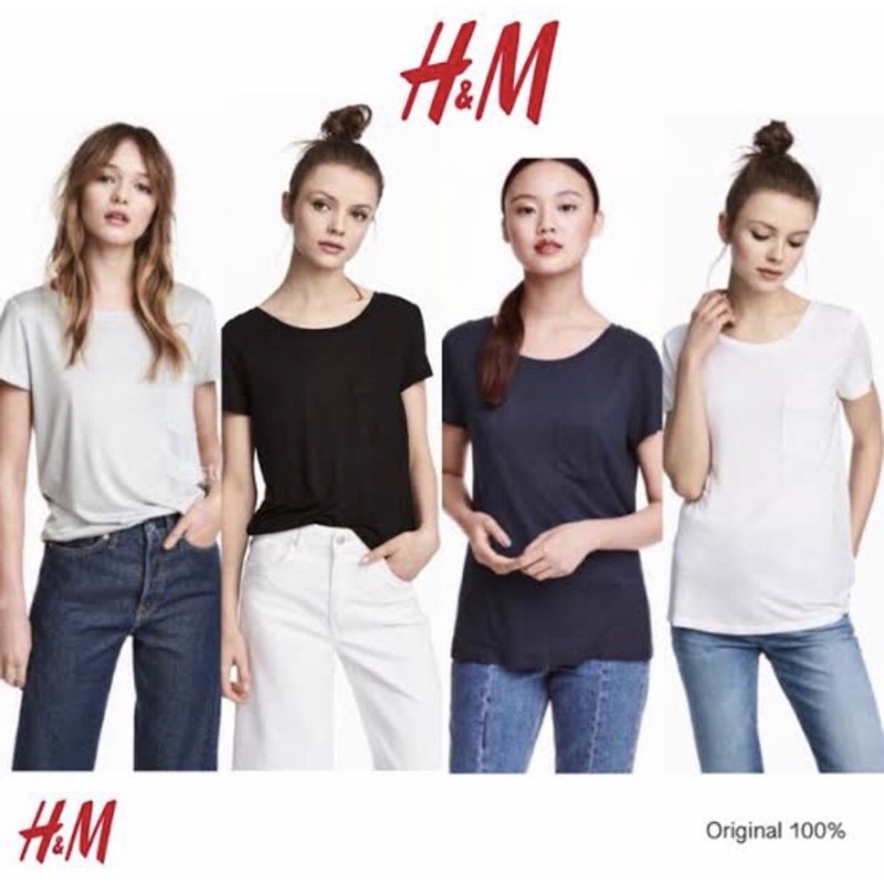 Hnm Jersey Pocket Tee T-shirt / Kaos Hitam Putih Polos Murah