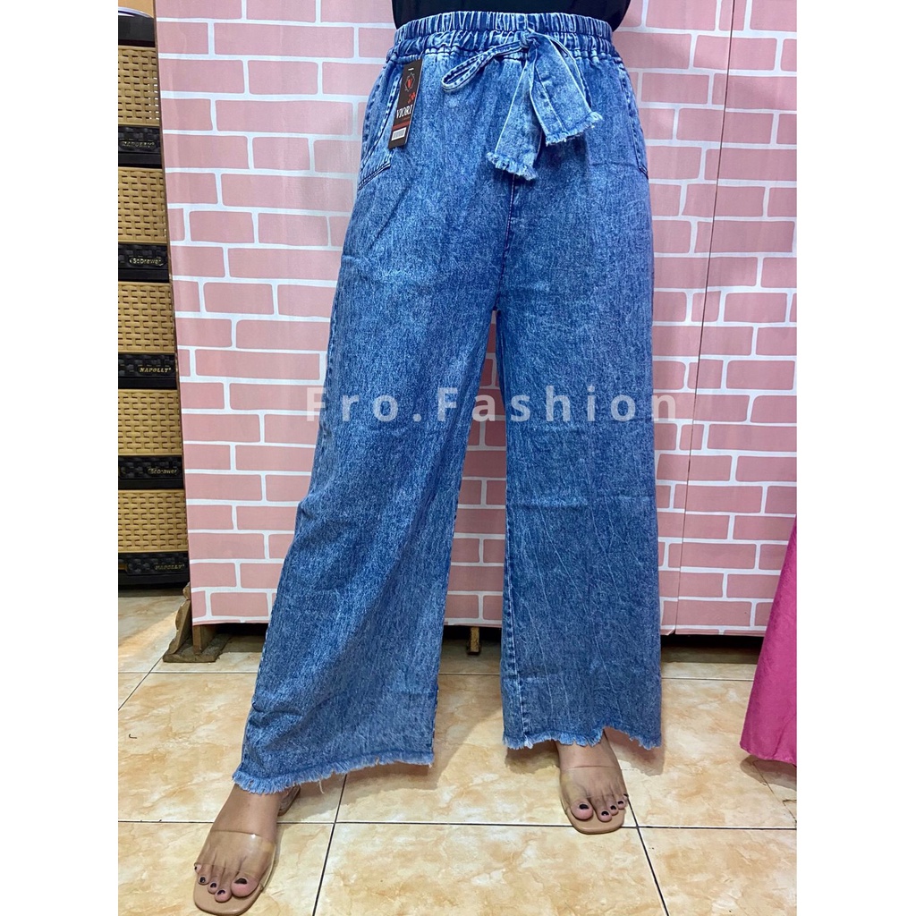 Celana Panjang Wanita Kulot Jeans Jumbo (M,L,XL,XXL,3L) Model Rawis dan Lipat || Celana Jeans Highwaist Pinggang Karet Premium Terlaris