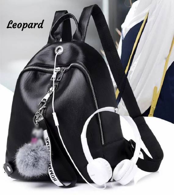 Free pompom tas ransel kulit leopard