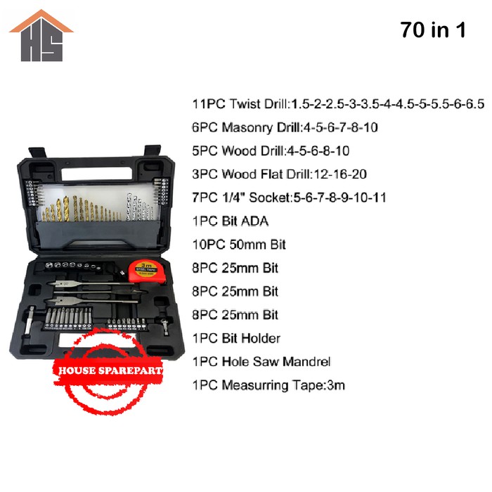 70 in 1 Mata Bor Toolbox Besi Kayu Beton Obeng Soket Sokbit Set 70pcs