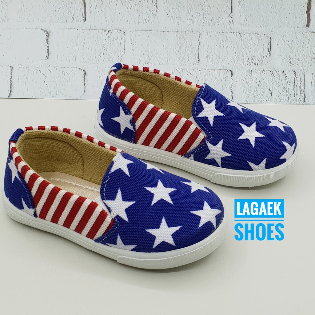 Sepatu Anak Laki Usia 5 6 7 Tahun Slip On Bintang BIRU - Sepatu Anak Alas Karet Size 32 - 35