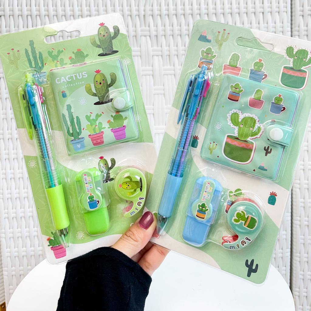 PAKET ALAT TULIS MURAH MODEL KAKTUS IMUT SET PERLENGKAPAN SEKOLAH 4IN1 LENGKAP WARNA HIJAU CACTUS HARGA TERMURAH IMPORT QUALITY