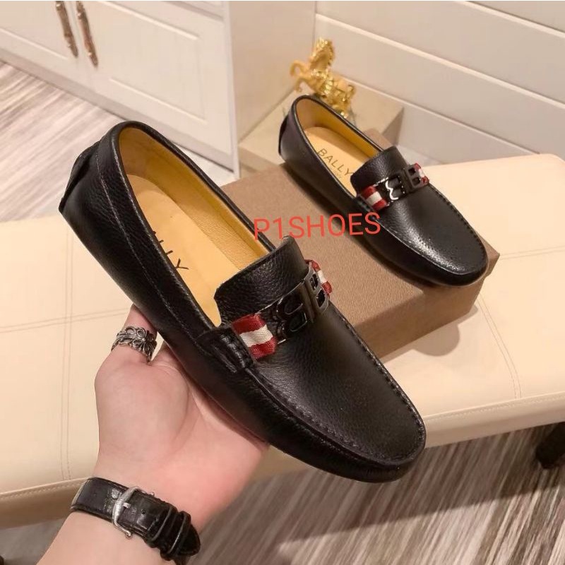 sepatu bally loafer pria mirror quality model slip on cowok shoes hitam kulit asli