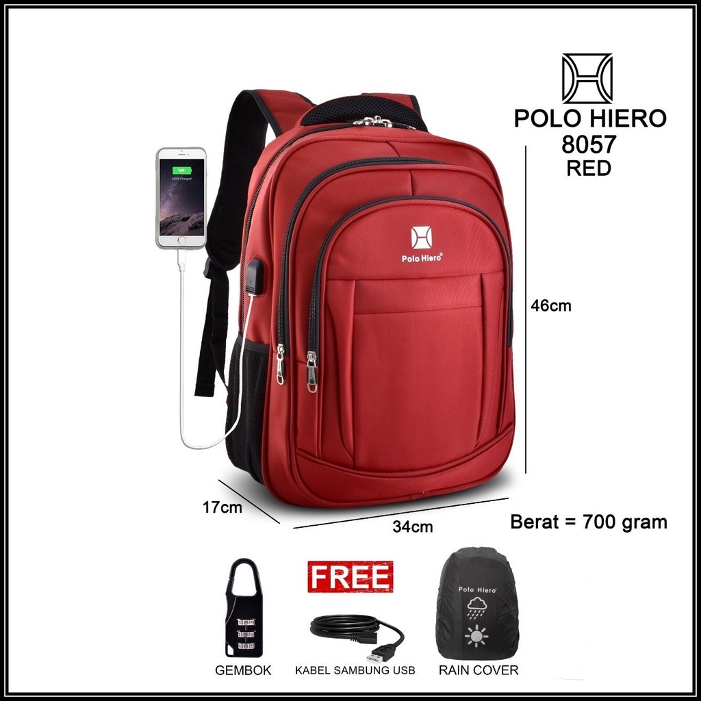 NEW MODEL Tas Ransel Backpack Polo Hiero 8057,[Free Kabel Extension USB+Rain Cover+Gembok Kunci]