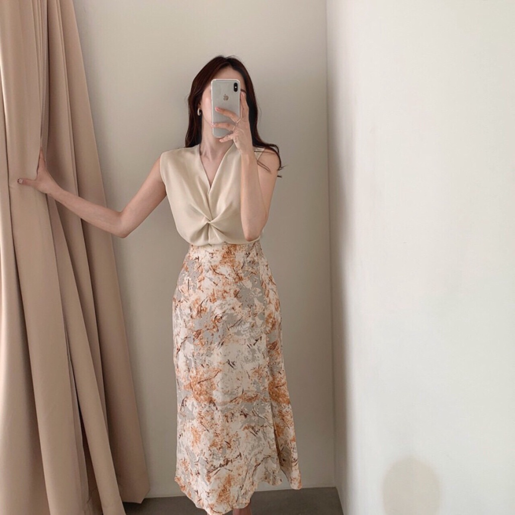 [FG] Soft Tone Silk Top & Marble Skirt Set SET6340-4