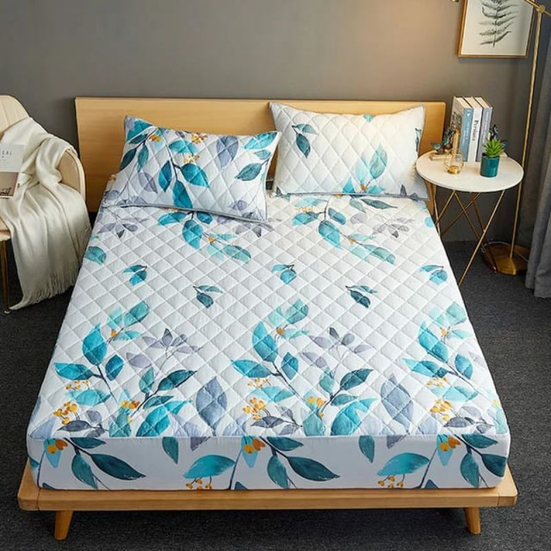 Sprei Sultan Waterproof anti ompol anti tahan air size 160×200 120×200 Seprei Adem full Karet-Wterprof- daun ijo