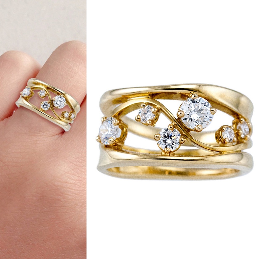 Cincin Bahan Alloy Warna Emas Aksen Zircon Untuk Wanita