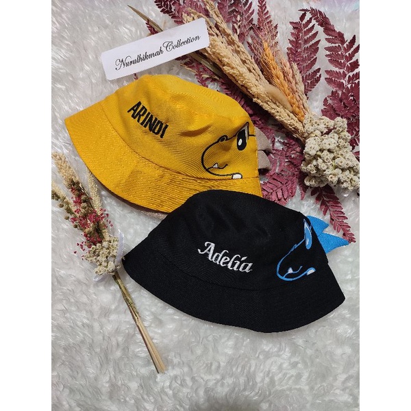 Topi Bucket Dino Anak Unisex BB/Bolak-Balik Polos/ Bordir Nama GRATIS Suka-Suka